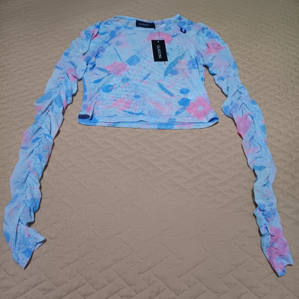 Glassons Blue and Pink Ruched Sleeve Blouse